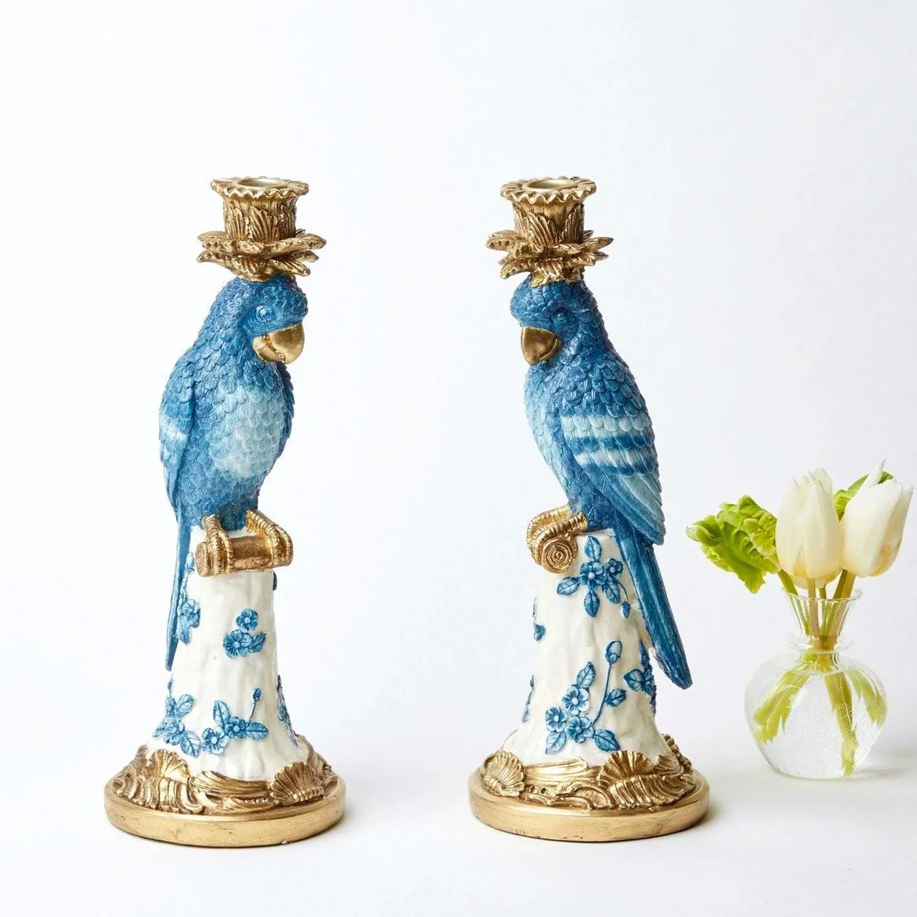 Best Mrs. Alice Blue & White Parrot Candle Holder (Pair)