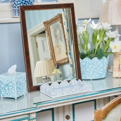 Hot Mrs. Alice Blue Floral Tole Scalloped Planter