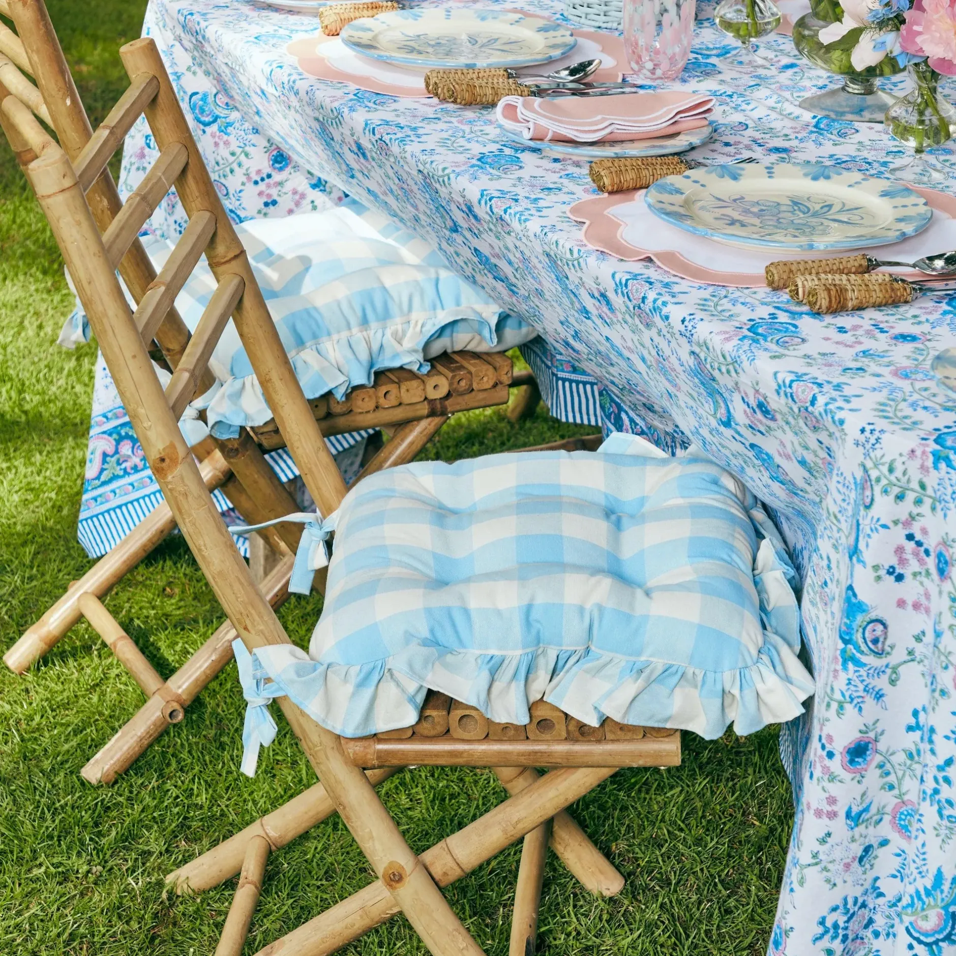 Outlet Mrs. Alice Blue Gingham Ruffle Seat Pad Cushion (Set Of 4)