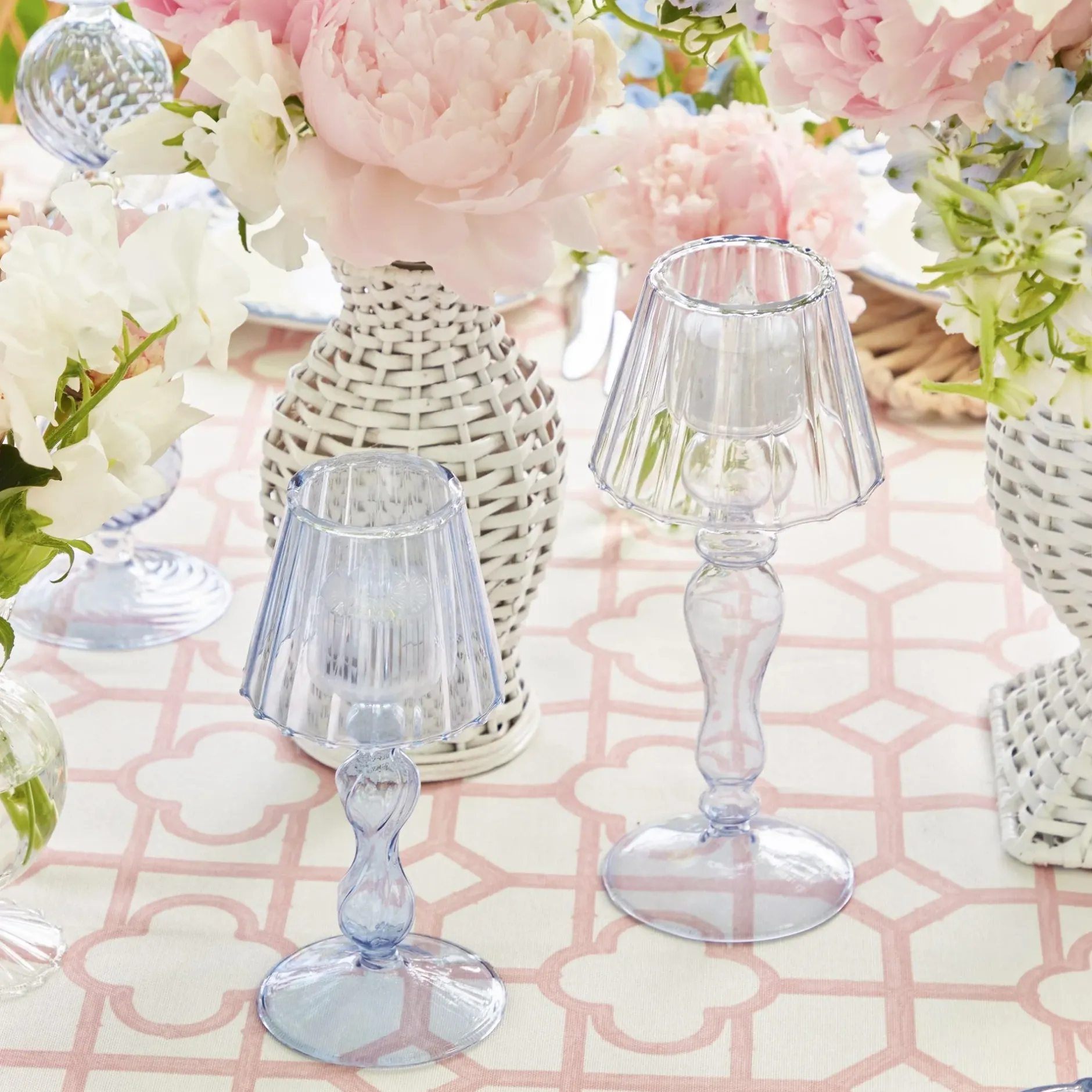 Hot Mrs. Alice Blue Glass Lantern Tea Light Holder Set
