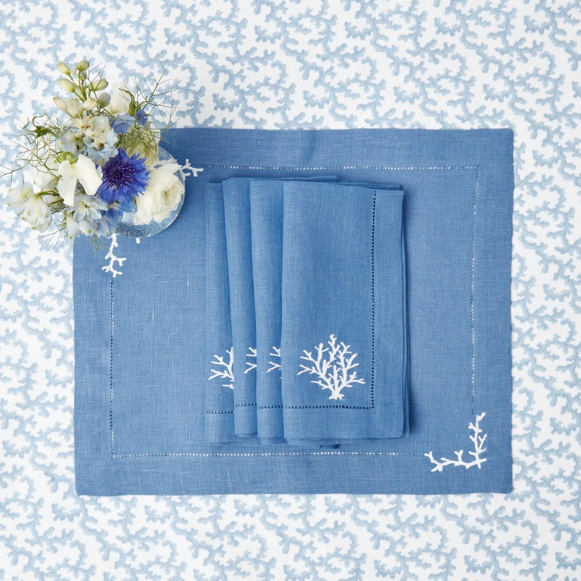 New Mrs. Alice Coral Blue Linen Napkins (Set Of 4)