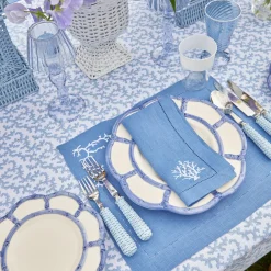 Hot Mrs. Alice Coral Blue Linen Placemats & Napkins (Set Of 4)