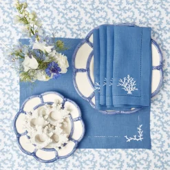 Hot Mrs. Alice Coral Blue Linen Placemats & Napkins (Set Of 4)