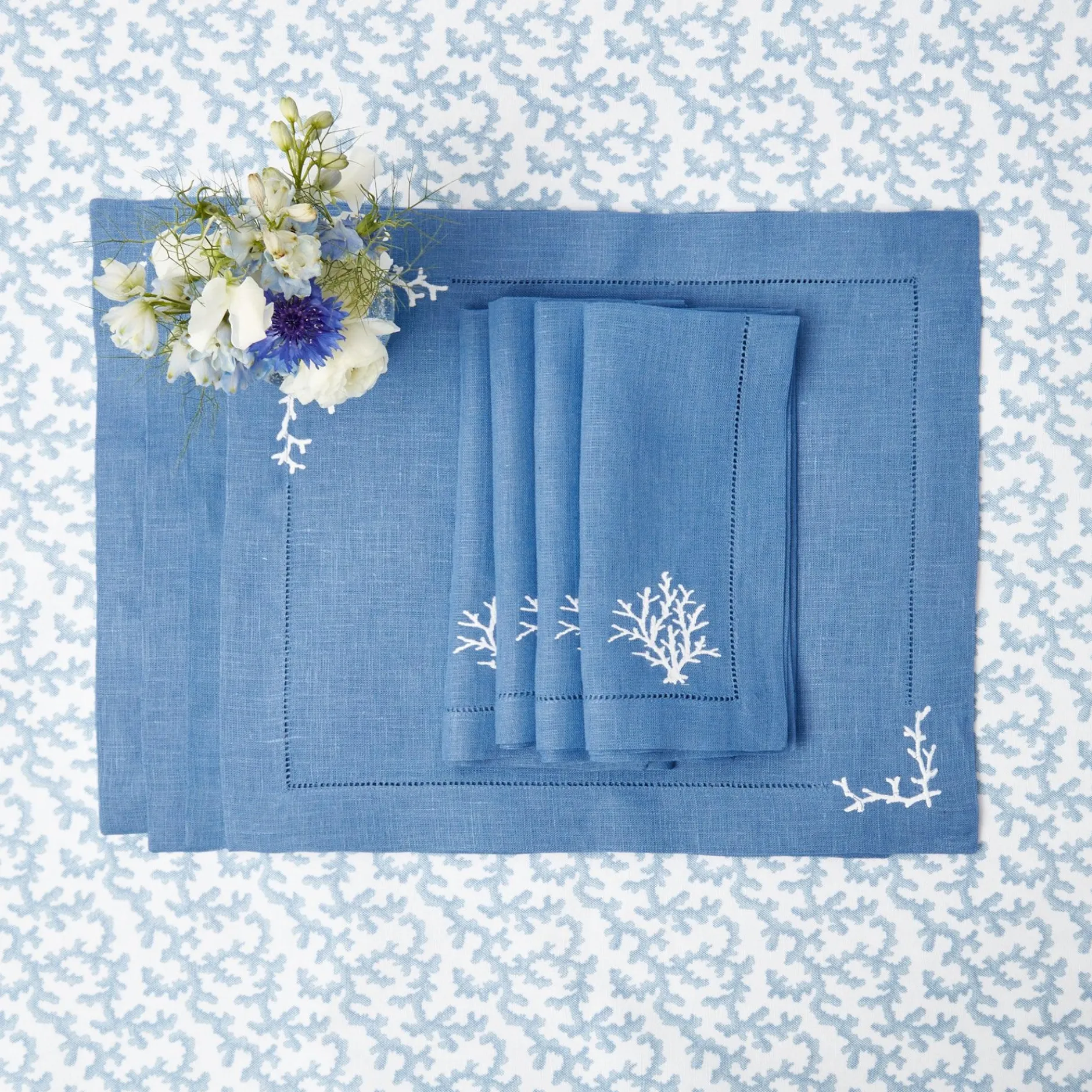 New Mrs. Alice Coral Blue Linen Set