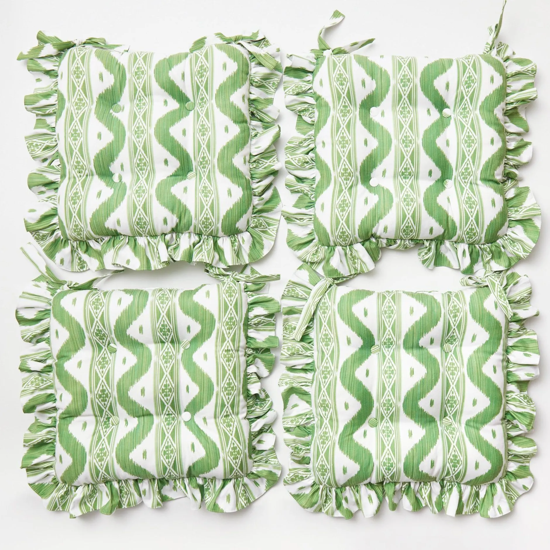 Clearance Mrs. Alice Frilled Green Ikat Seat Pad Cushion (Set Of 4)