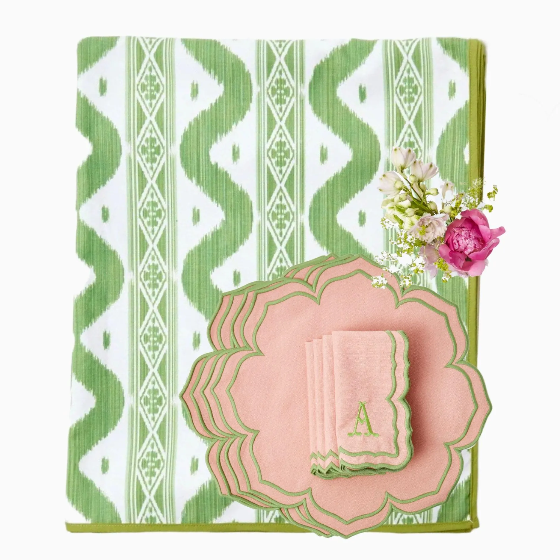 Sale Mrs. Alice Green Ikat & Pink Fleur Linen Set
