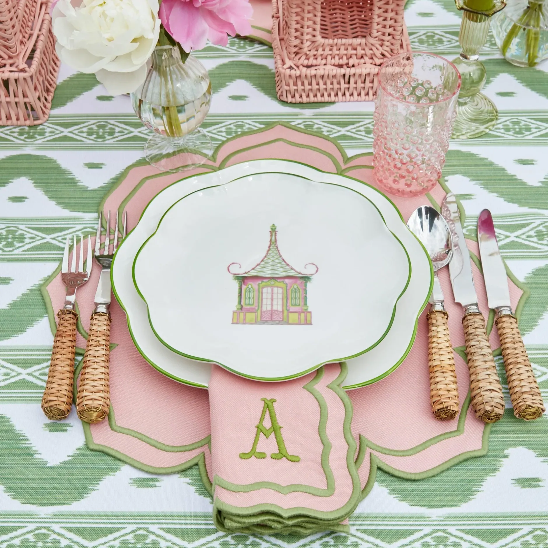 Sale Mrs. Alice Green Ikat & Pink Fleur Linen Set