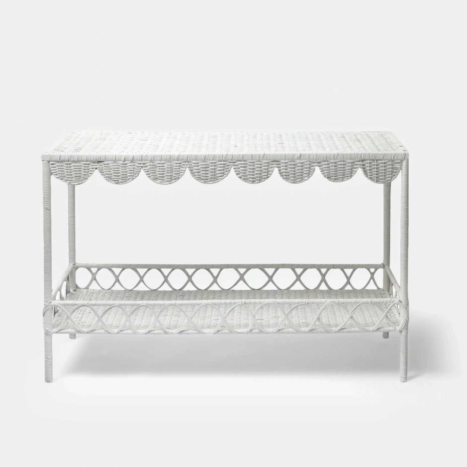 Online Mrs. Alice Madeleine White Rattan Scalloped Console Table
