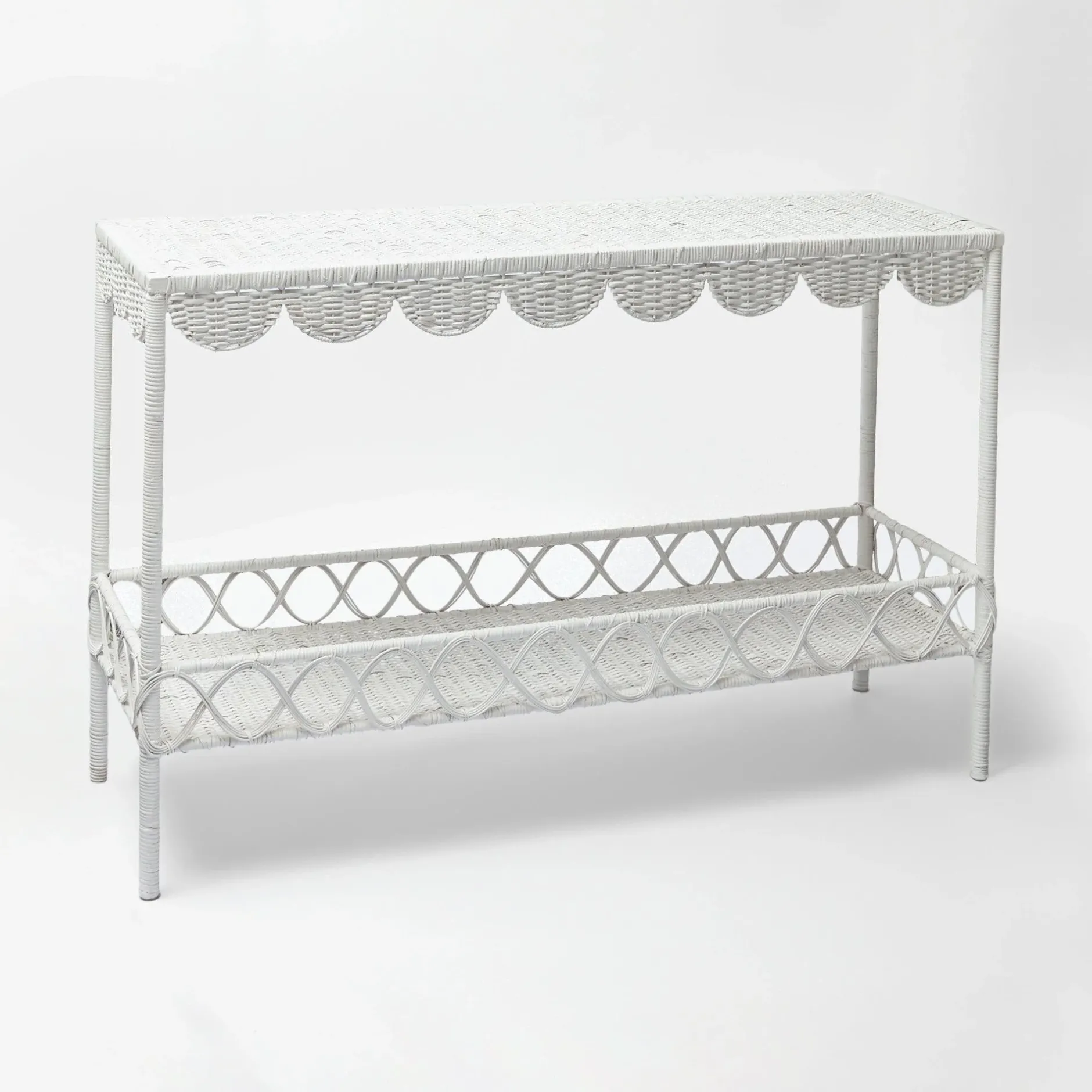 Online Mrs. Alice Madeleine White Rattan Scalloped Console Table