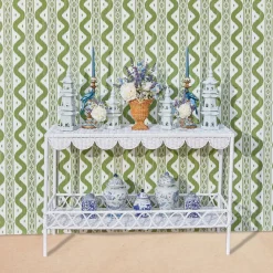 Mrs. Alice Madeleine White Rattan Scalloped Console Table