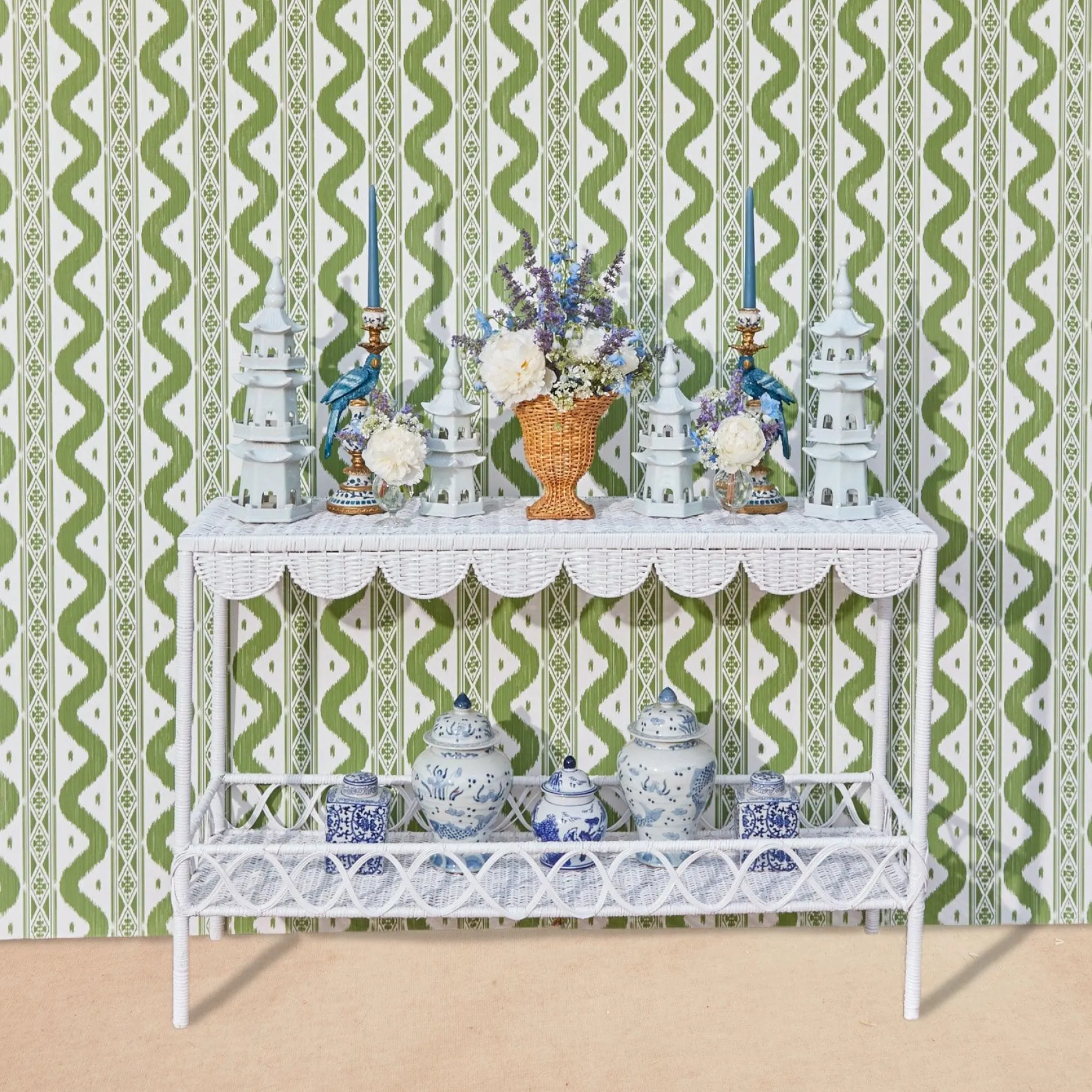 Mrs. Alice Madeleine White Rattan Scalloped Console Table