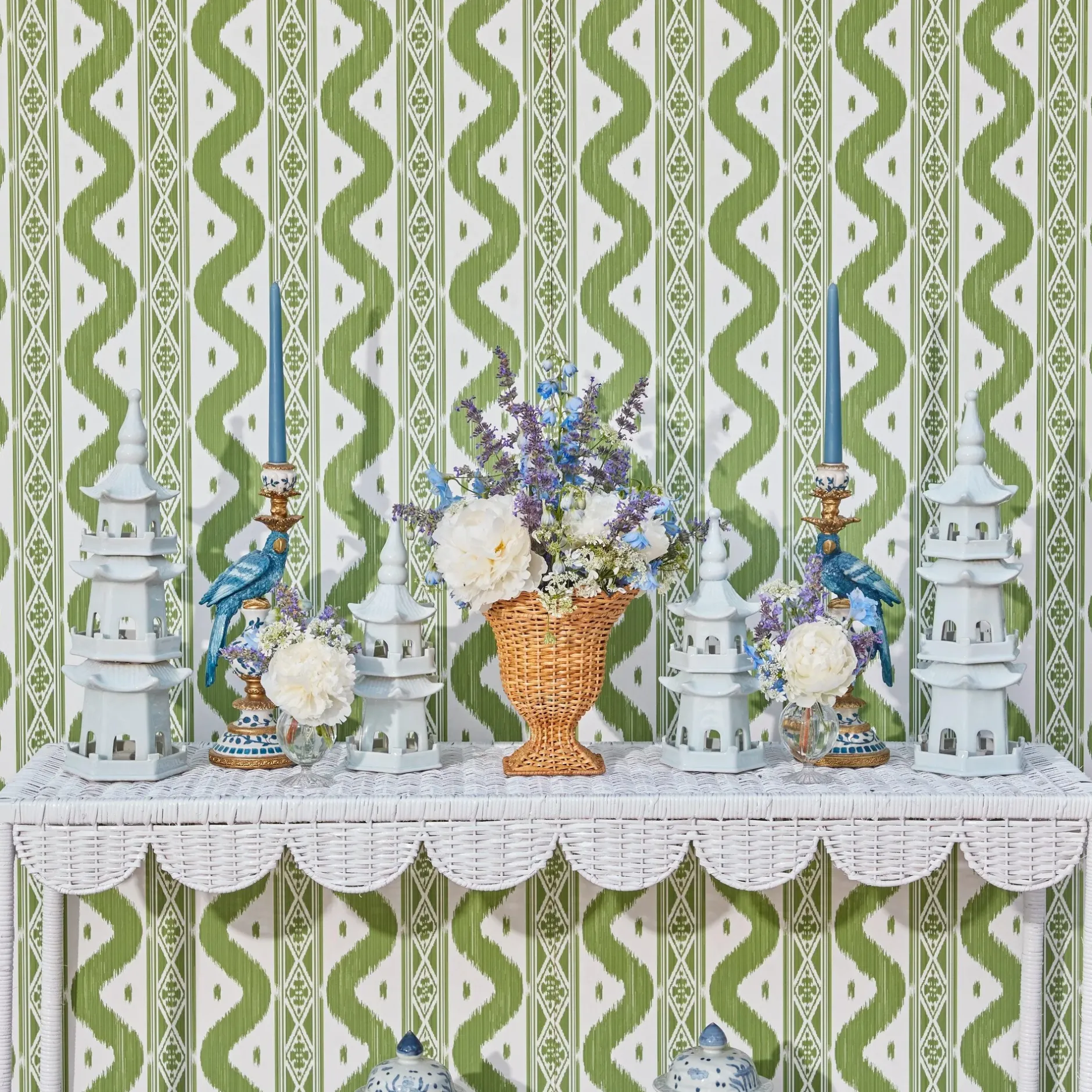 Mrs. Alice Madeleine White Rattan Scalloped Console Table