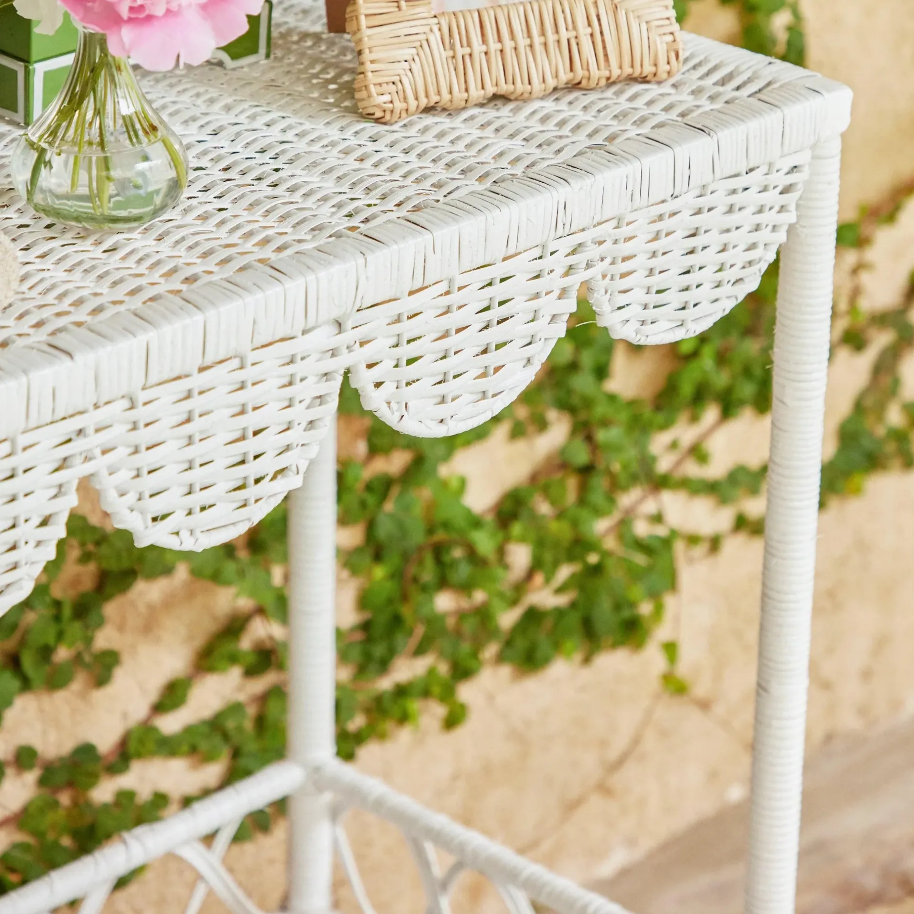 Mrs. Alice Madeleine White Rattan Scalloped Console Table