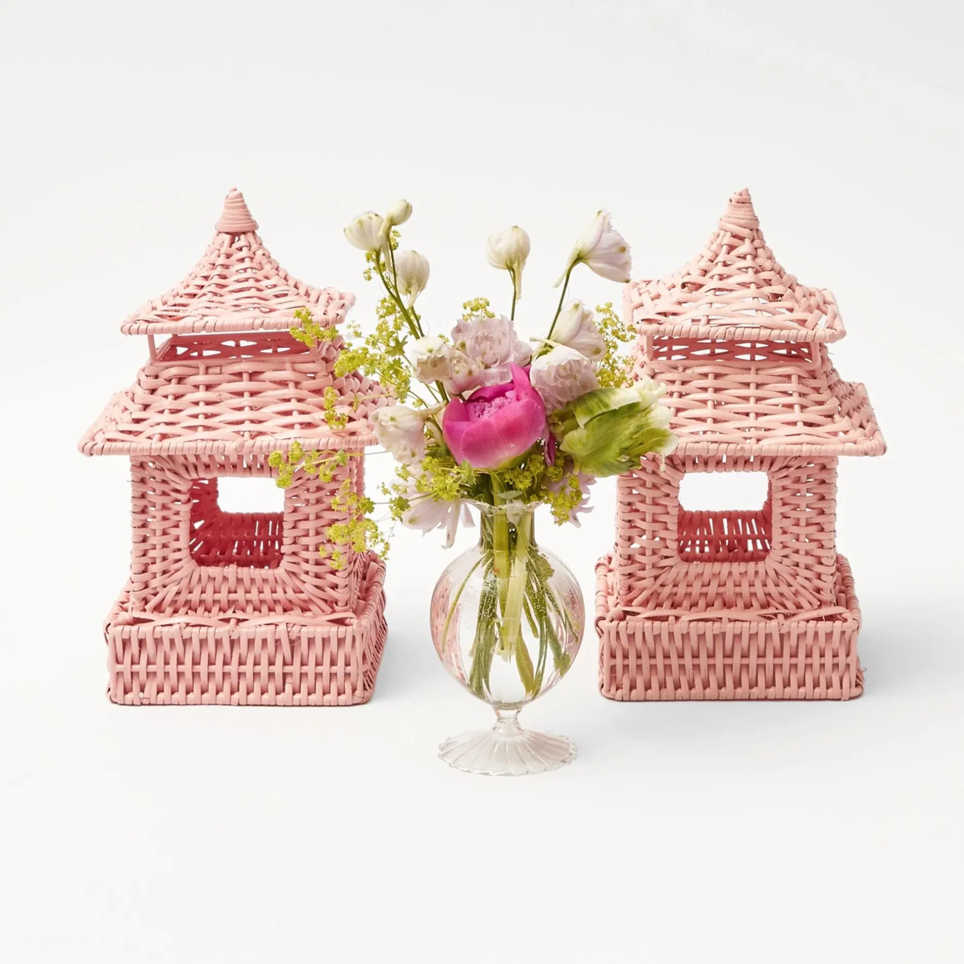 Clearance Mrs. Alice Mini Pink Rattan Pagoda Lanterns (Pair)