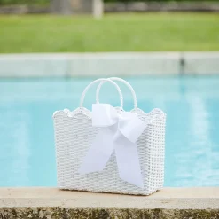 Outlet Mrs. Alice White Rattan Tote Bag (White Bow)