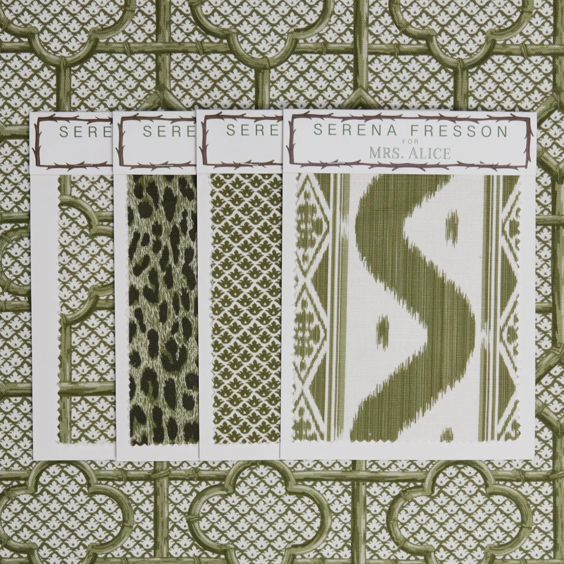Discount Mrs. Alice Olive Green Bamboo Trellis Fabric