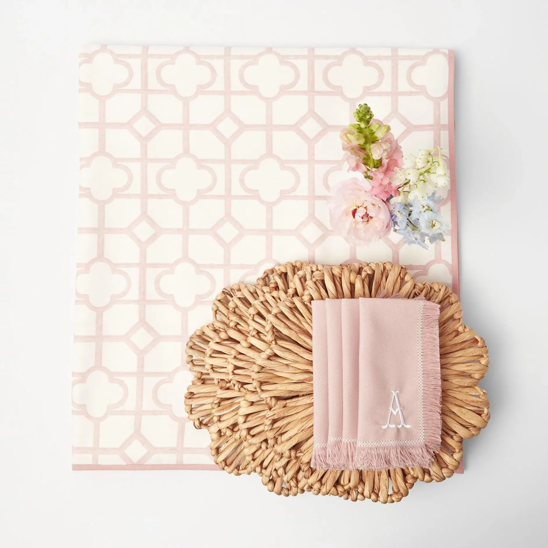 Clearance Mrs. Alice Pink Bamboo, Water Hyacinth & Pink Fringe Linen Set