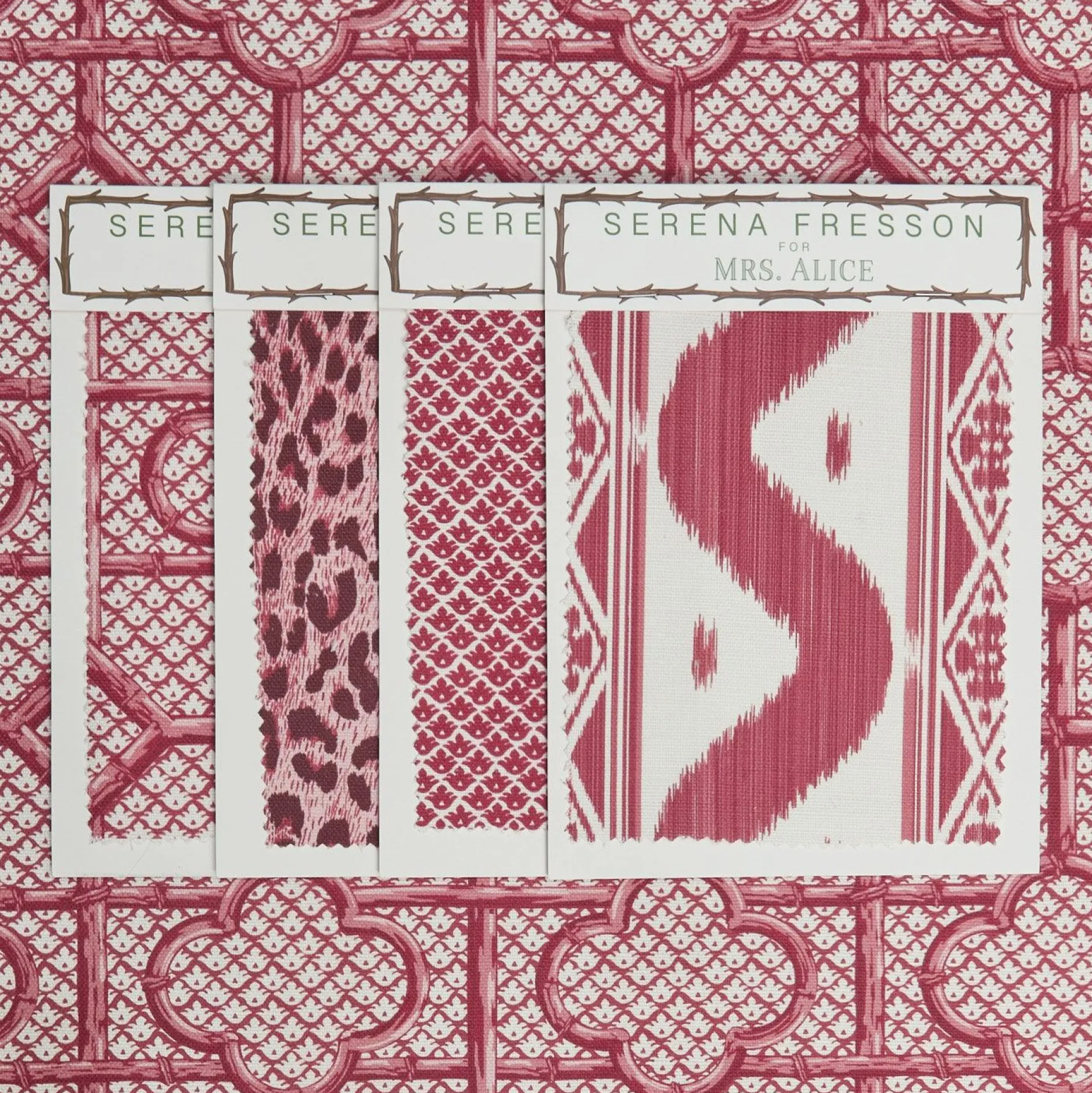 Clearance Mrs. Alice Raspberry Pink Bamboo Trellis Fabric