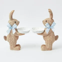 Hot Mrs. Alice Rattan Blue Ribboned Rabbit With Basket (Pair)