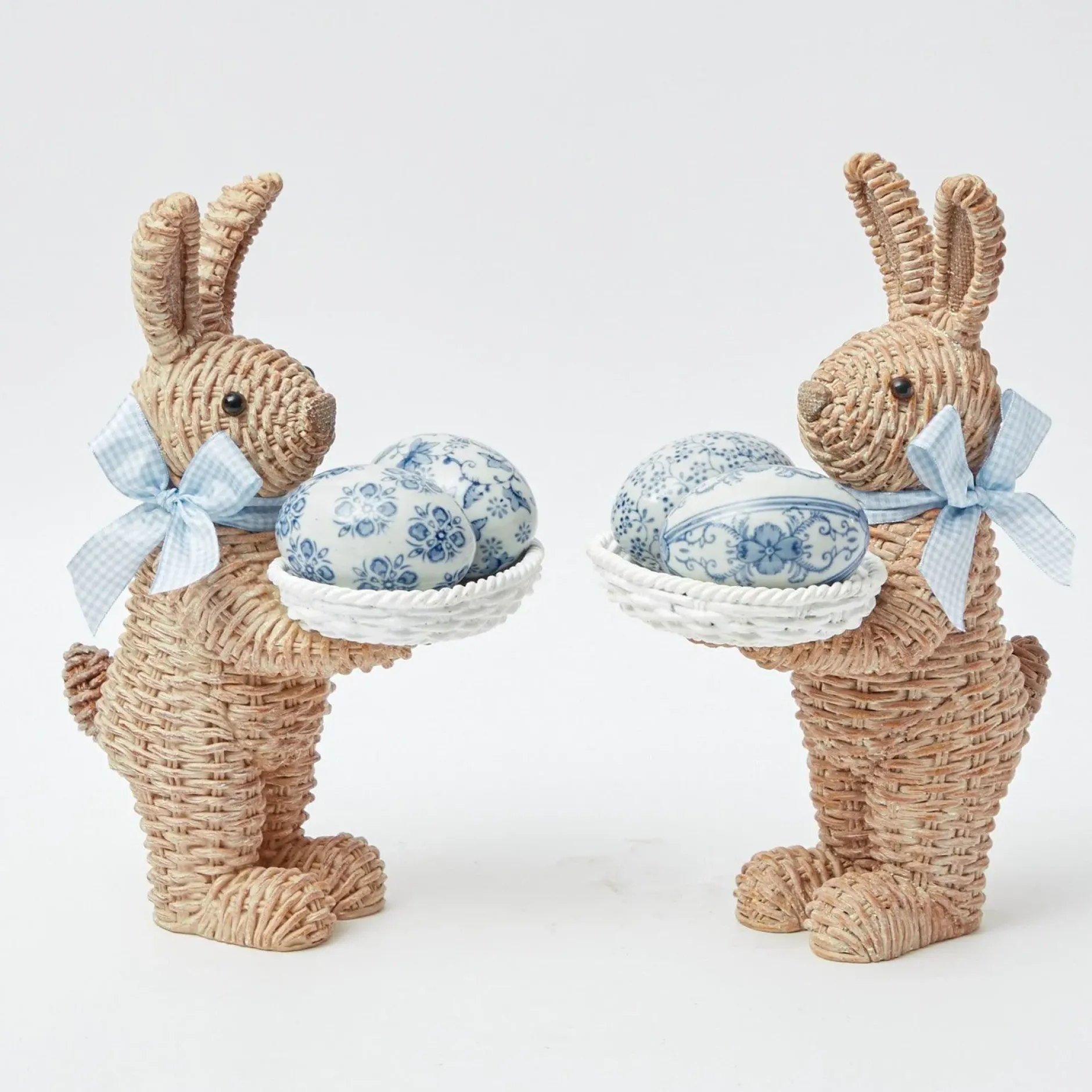 Hot Mrs. Alice Rattan Blue Ribboned Rabbit With Basket (Pair)