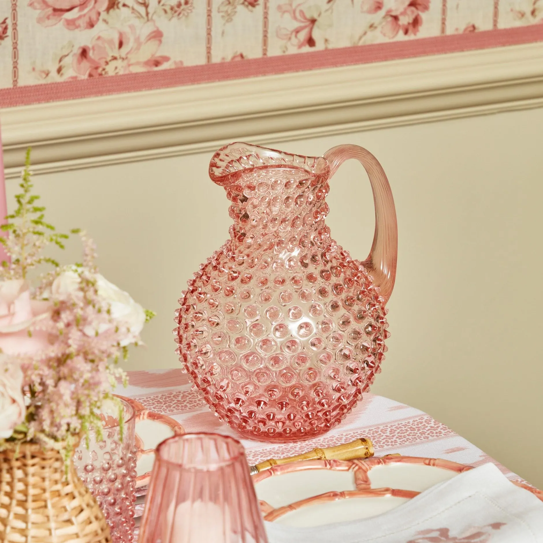 Best Mrs. Alice Rose Pink Hobnail Water Glasses & Jug Set