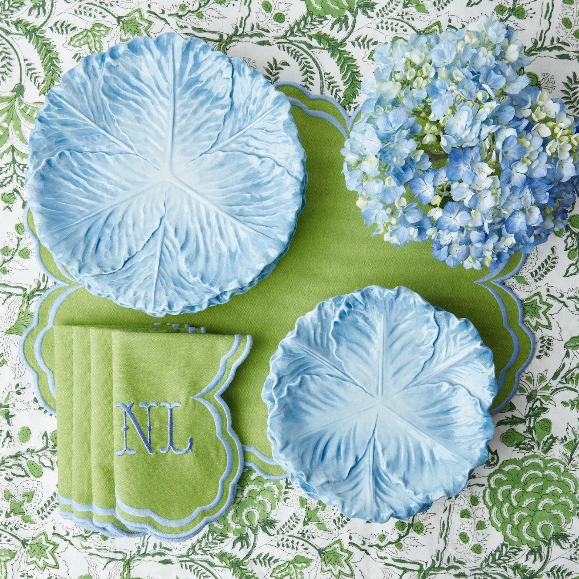 Discount Mrs. Alice Serena Apple Green With Blue Placemats (Set Of 4)