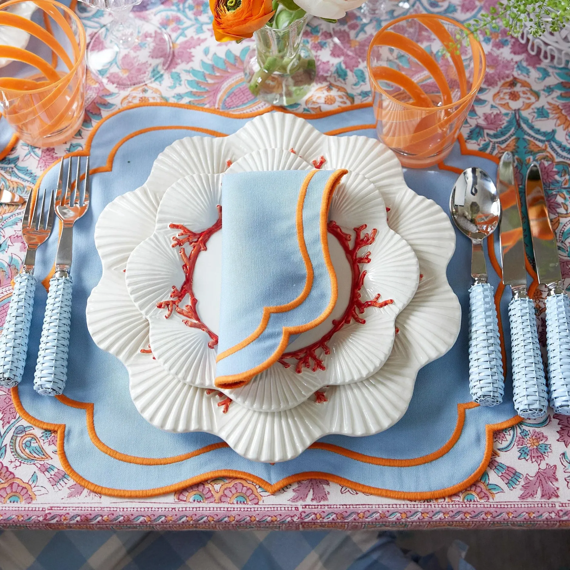 Outlet Mrs. Alice Sylvie Blue And Orange Placemats & Napkins (Set Of 4)