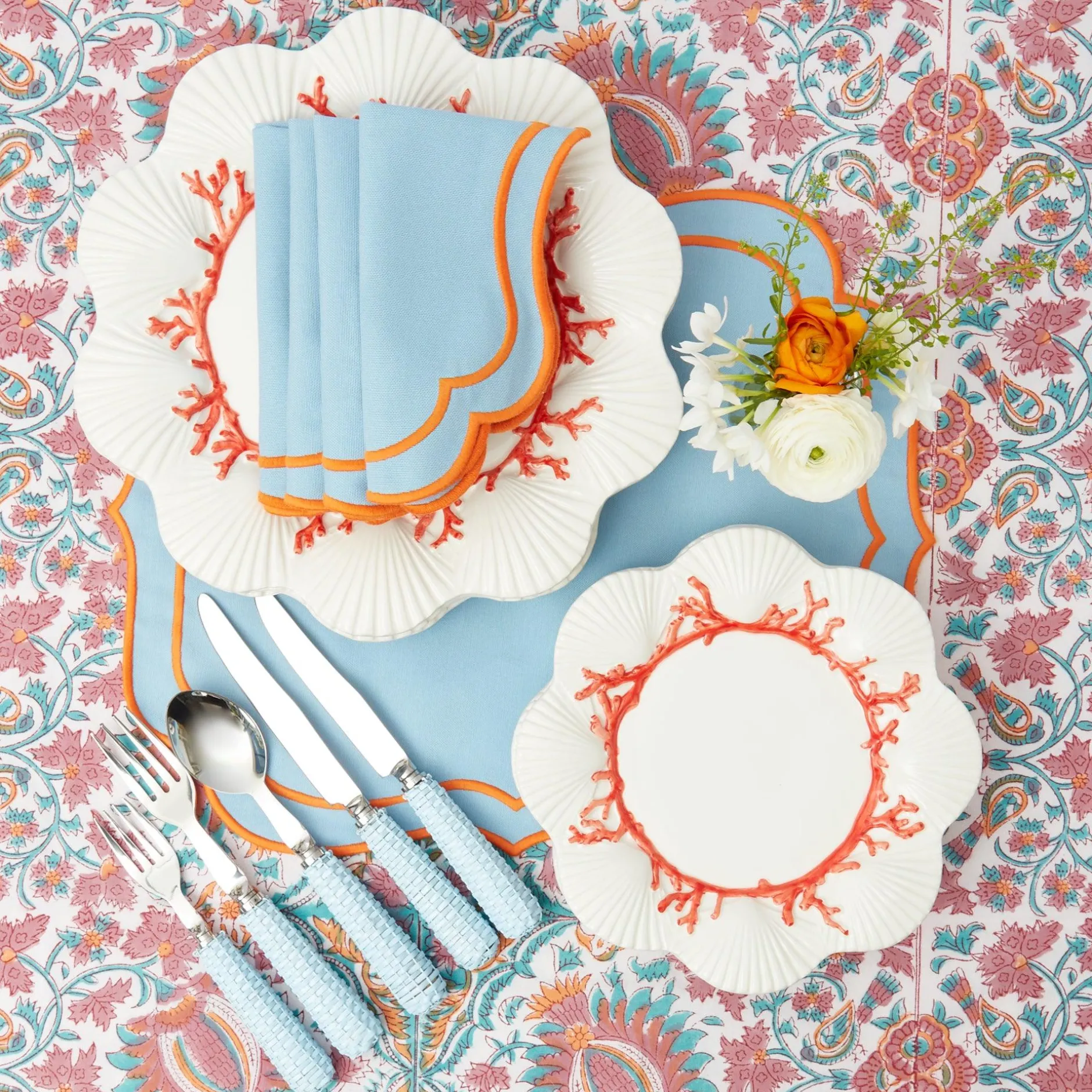Outlet Mrs. Alice Sylvie Blue And Orange Placemats & Napkins (Set Of 4)