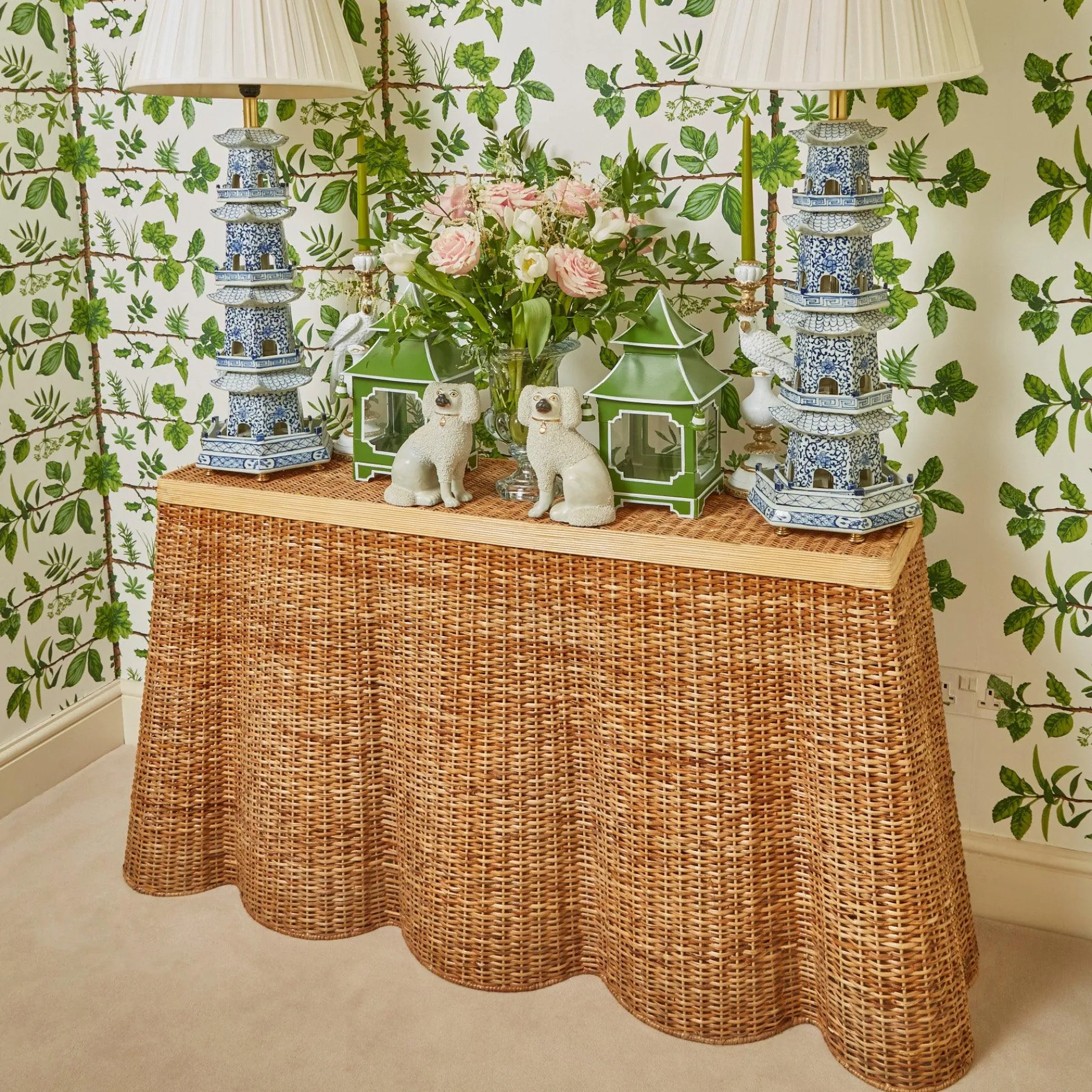 Discount Mrs. Alice Vivienne Rattan Scalloped Console Table
