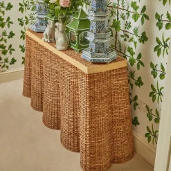 Discount Mrs. Alice Vivienne Rattan Scalloped Console Table