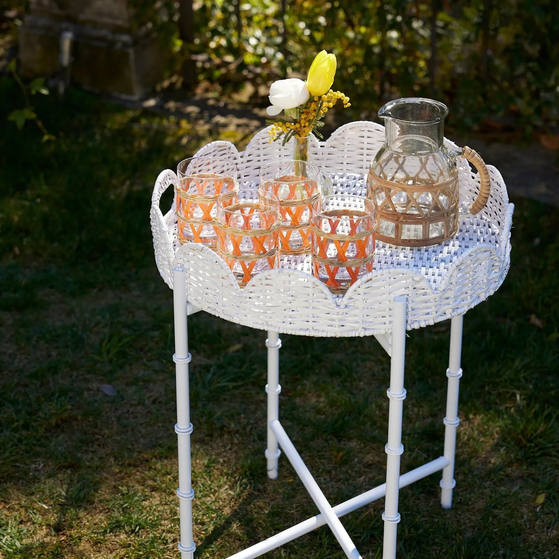 Clearance Mrs. Alice White Rattan Round Scalloped Tray With Stand