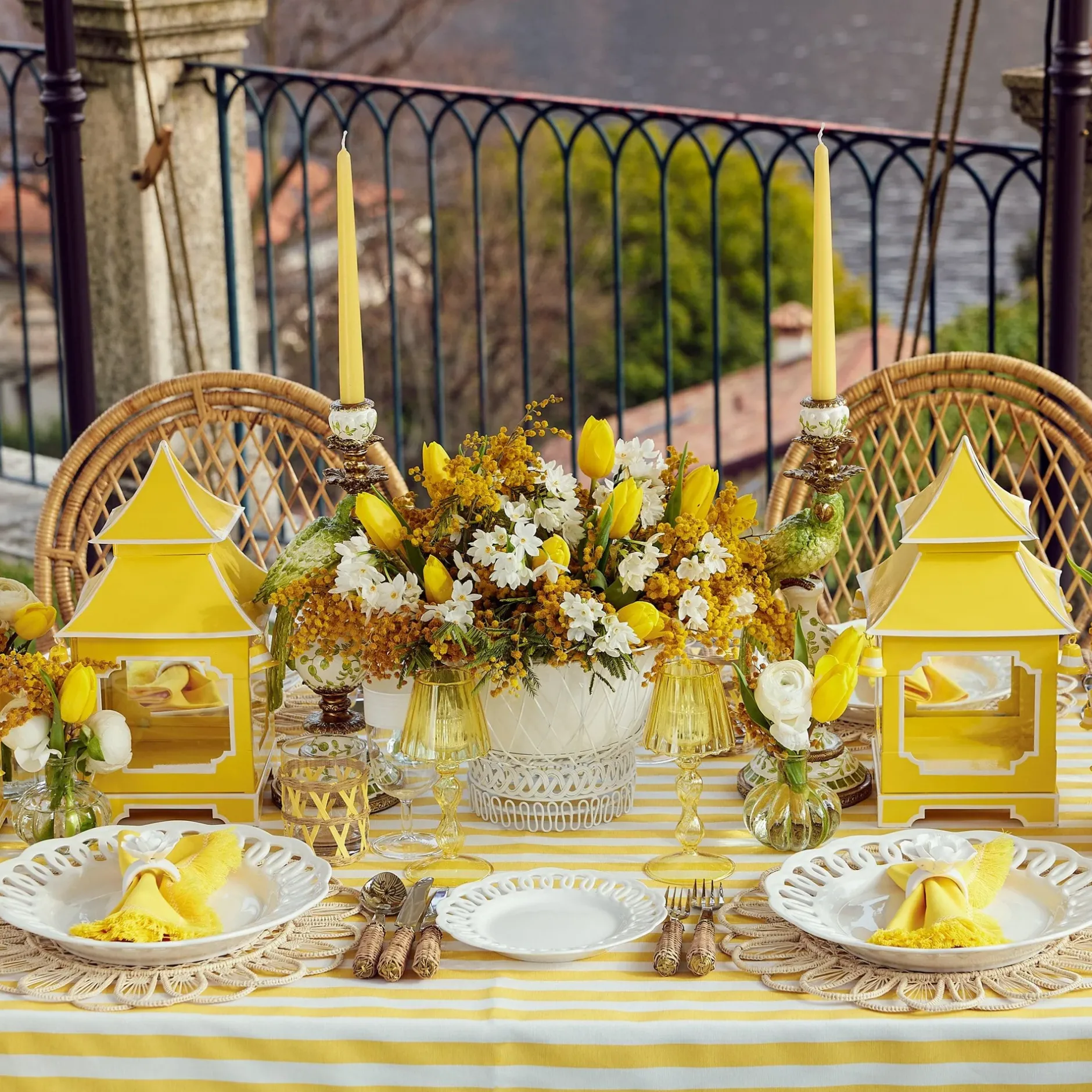 Outlet Mrs. Alice Yellow Glass Lantern Tea Light Holder (Pair) - 18Cm