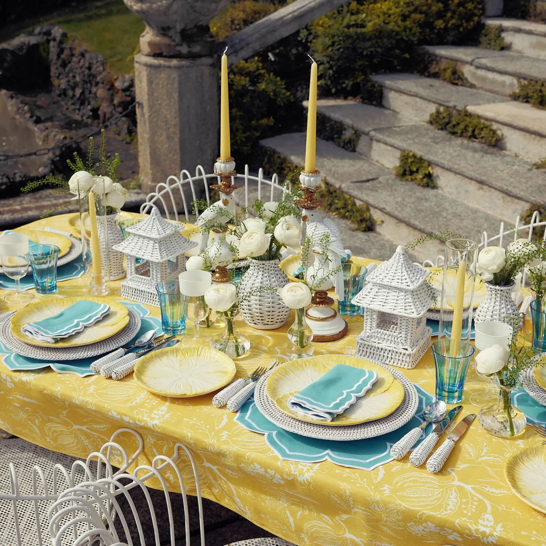 Outlet Mrs. Alice Yellow Melograno & Fleur Turquoise Linen Set